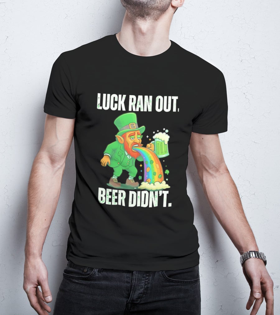 Leprechaun Drinking Beer Vomiting Rainbow Luck Ran Out St. Patrick's Day T-Shirt