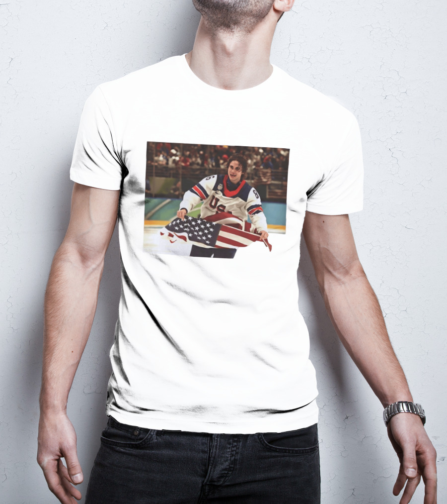 USA Hockey Jack Hughes American Flag Celebration T-Shirt
