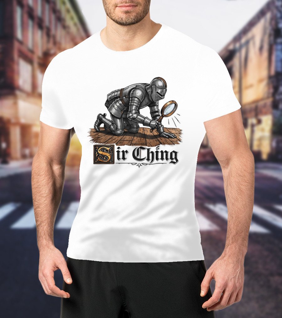 Sir Ching Medieval Knight With Magnifying Glass On Wooden Floor T-Shirt