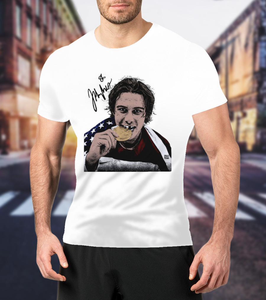 USA Hockey Jack Hughes Gold Medal Bite American Flag T-Shirt