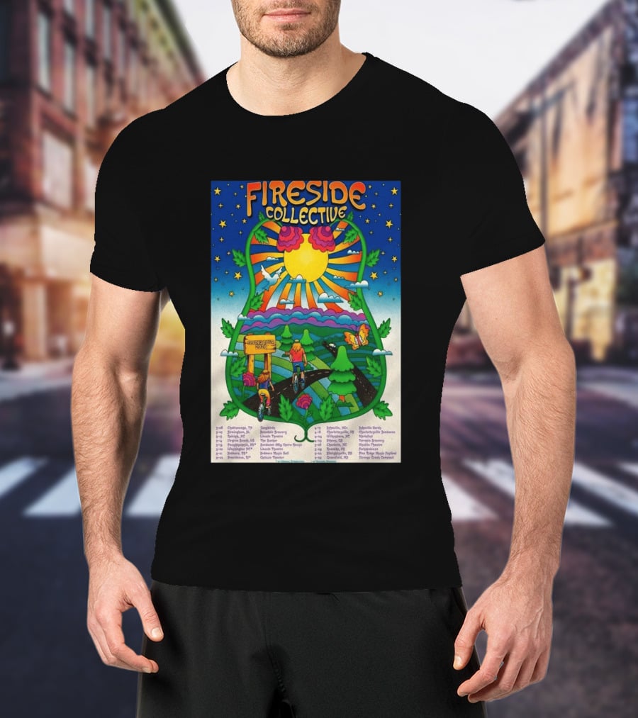 Fireside Collective Spring Tour 2026 Vibrant Cycling Adventure In Scenic Nature Landscape With Sunburst And Stars T-Shirt