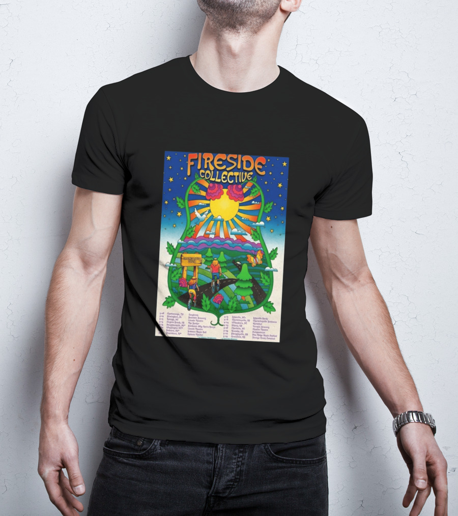 Fireside Collective Spring Tour 2026 Vibrant Cycling Adventure In Scenic Nature Landscape With Sunburst And Stars T-Shirt