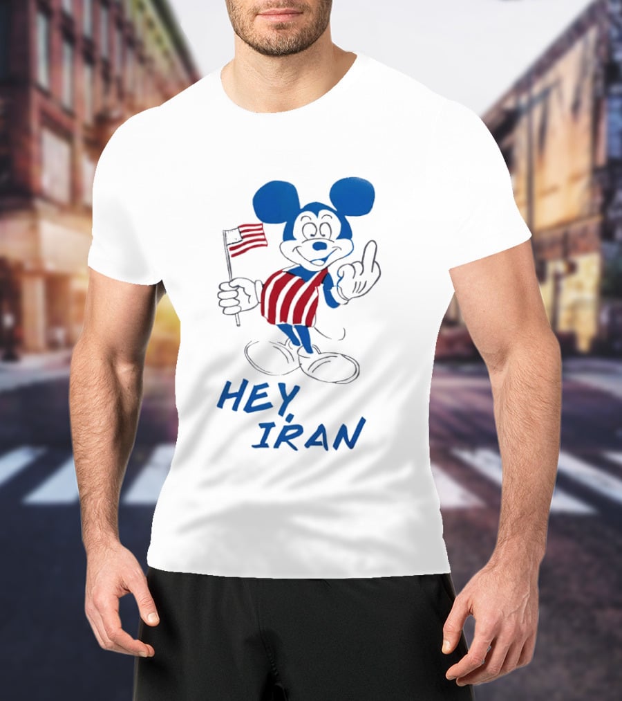 Mickey Mouse Hey Iran Middle Finger USA Flag T-Shirt