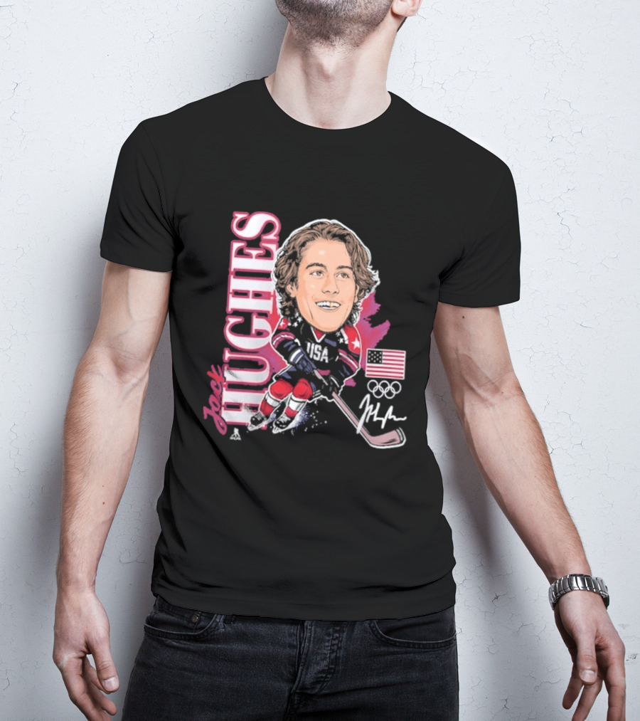 USA Hockey Jack Hughes Olympic Gold Medal Caricature With American Flag And Signature T-Shirt