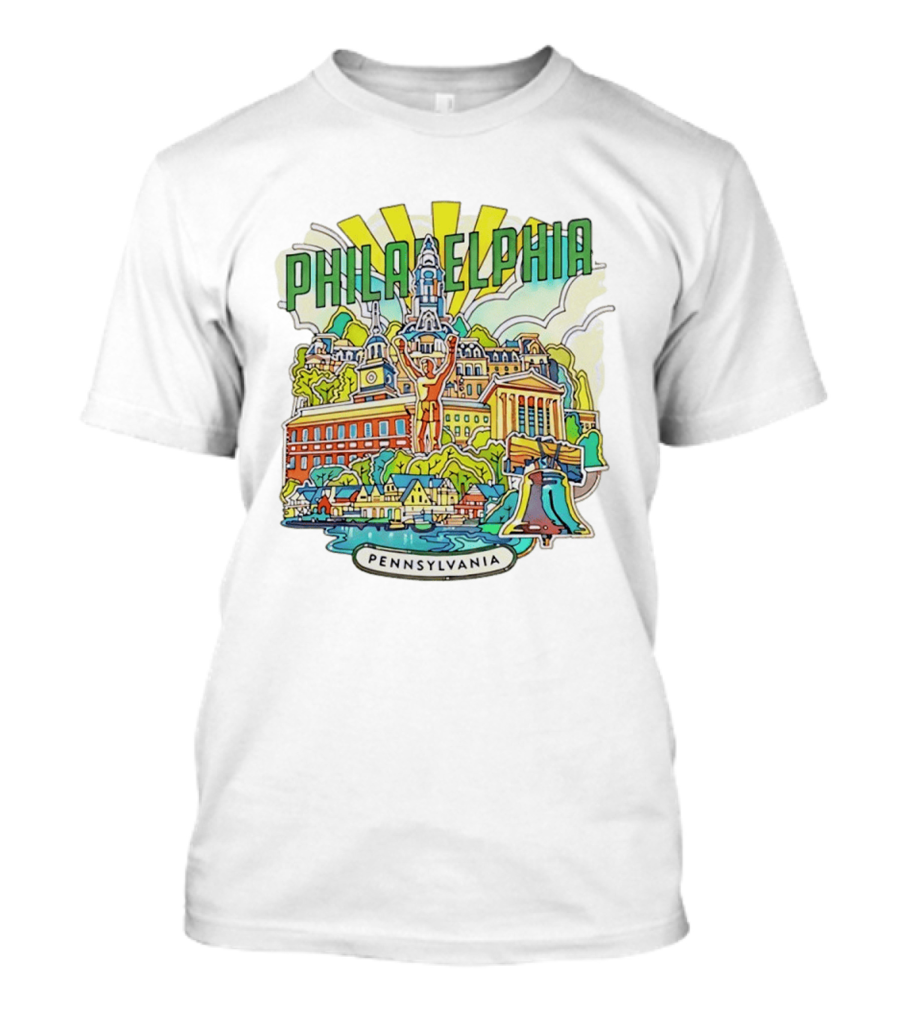 Philadelphia Pennsylvania Skyline Landmark Icons Liberty Bell Art Deco T-Shirt