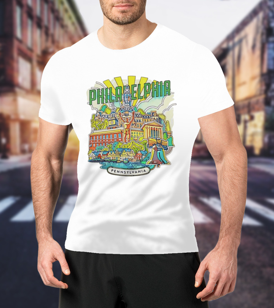 Philadelphia Pennsylvania Skyline Landmark Icons Liberty Bell Art Deco T-Shirt