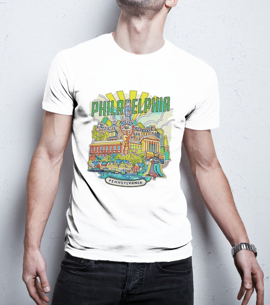 Philadelphia Pennsylvania Skyline Landmark Icons Liberty Bell Art Deco T-Shirt