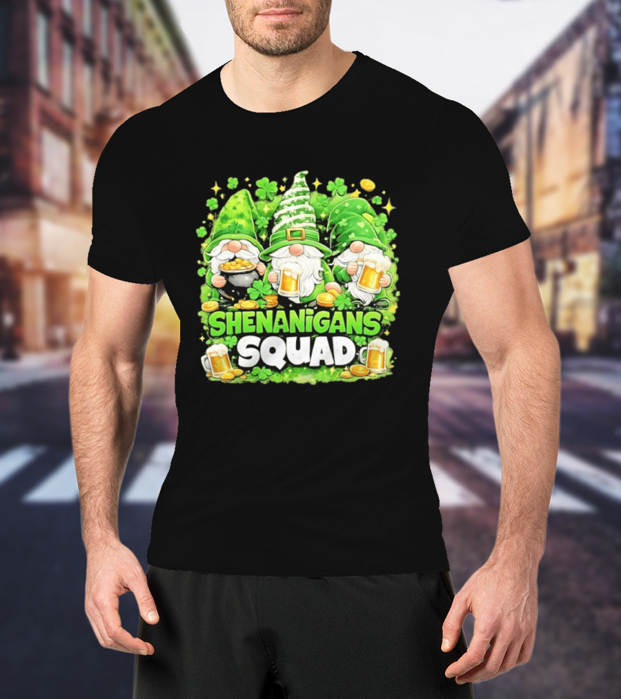 Shenanigans Squad St Patrick's Day Irish Gnomes Beer S And Clover Coins T-Shirt