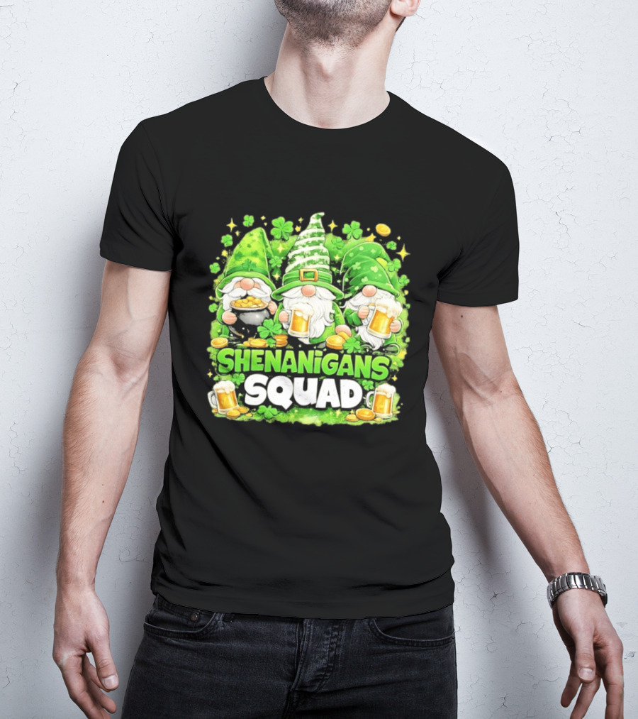 Shenanigans Squad St Patrick's Day Irish Gnomes Beer S And Clover Coins T-Shirt