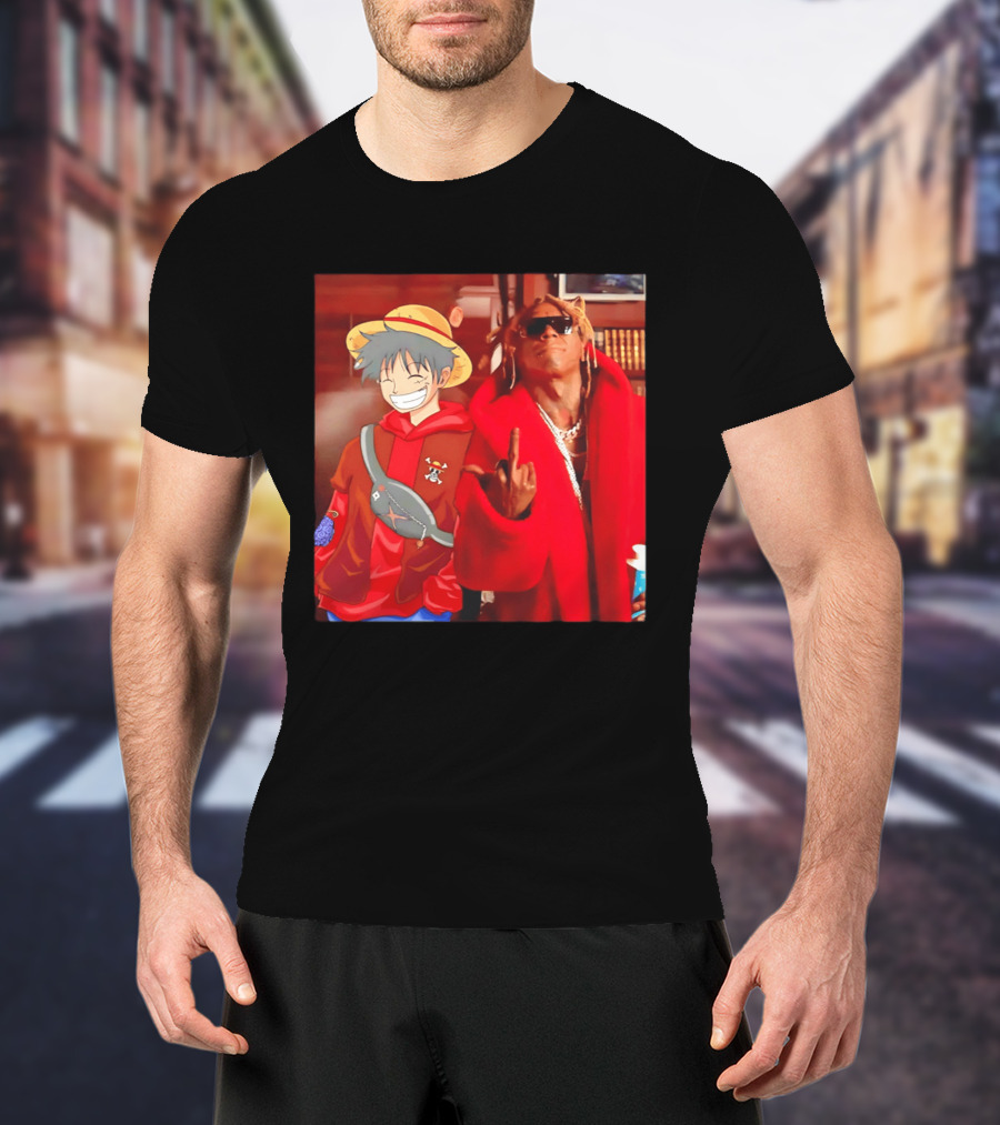 Lil Gum Monkey D. Luffy And Rapper Red Coat Outfit Fusion T-Shirt