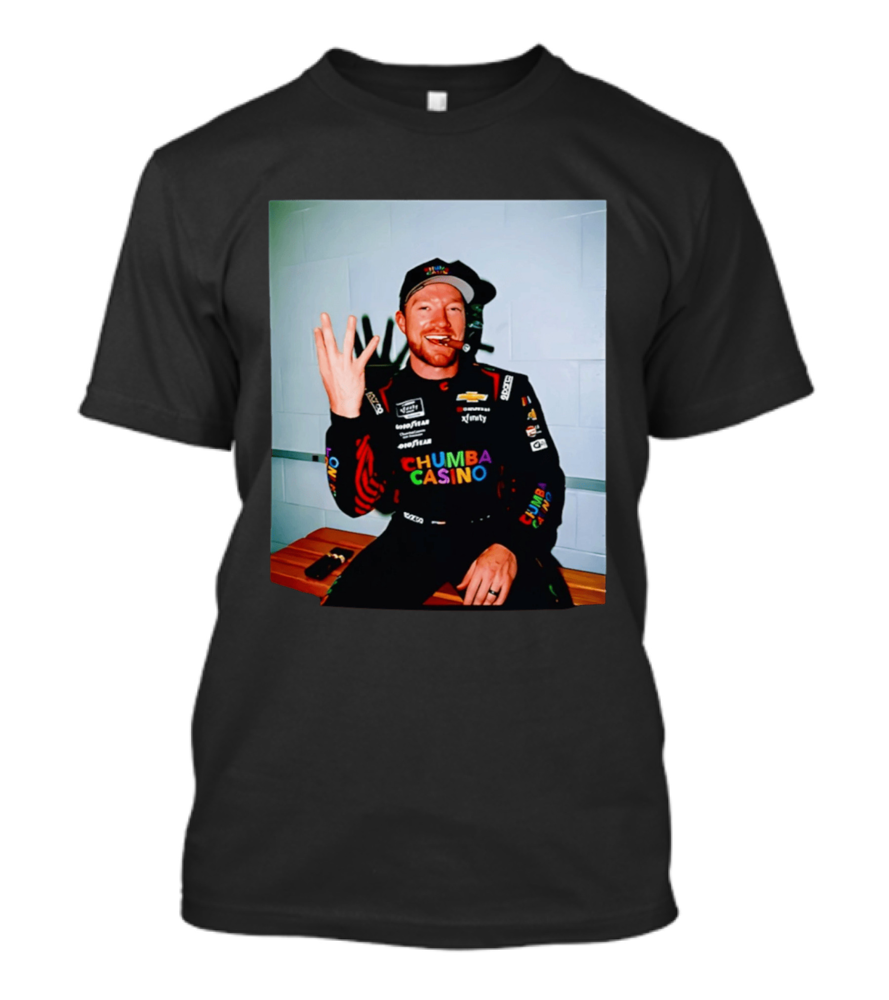 Tyler Reddick Three Peat Chumba Casino Racing Suit And Cigar Celebration T-Shirt