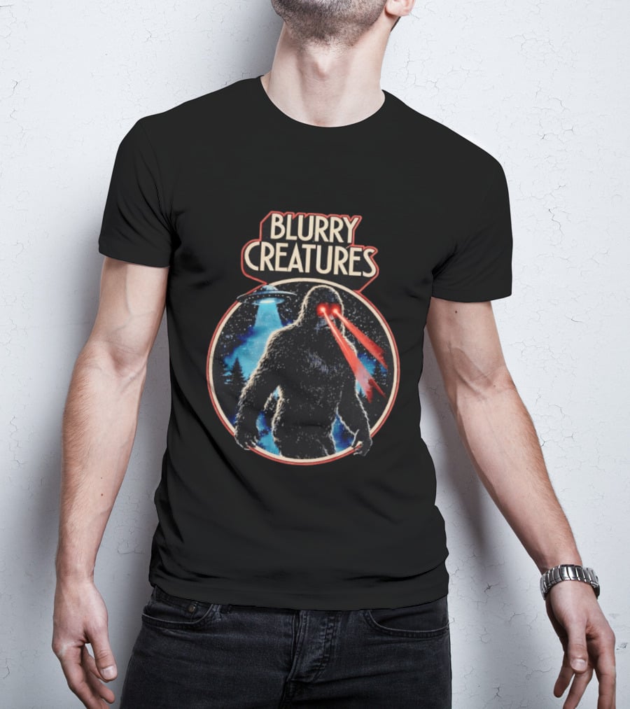 Blurry Creatures Bigfoot Laser Eyes UFO Forest T-Shirt