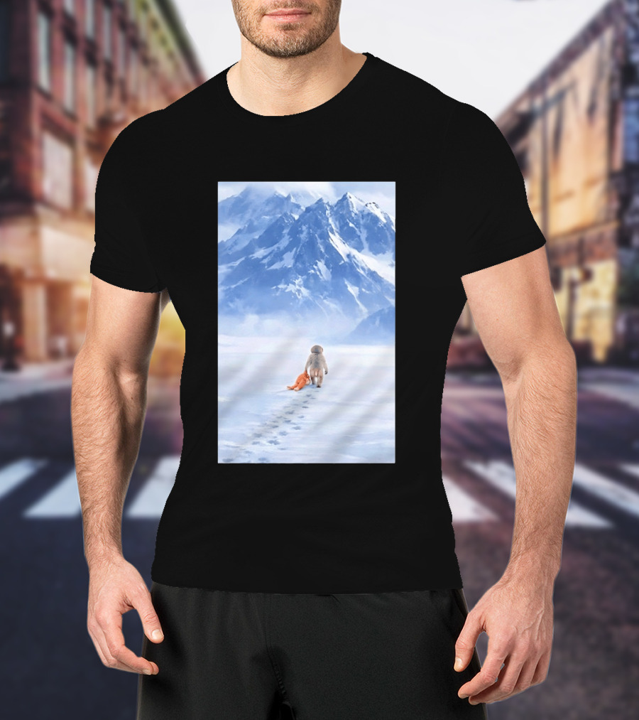 Monkey Holding Stuffed Monkey Alone Walking In Snowy Mountains T-Shirt