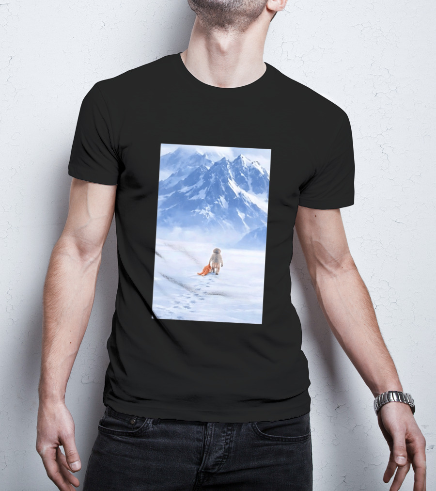 Monkey Holding Stuffed Monkey Alone Walking In Snowy Mountains T-Shirt
