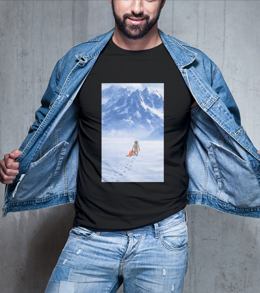 Monkey Holding Stuffed Monkey Alone Walking In Snowy Mountains T-Shirt