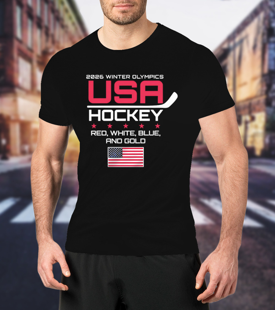 2026 Winter Olympics USA Hockey Red White Blue And Gold American Flag T-Shirt