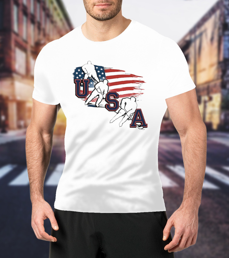 USA Olympic Gold Medal Hockey American Flag Hockey Players T-Shirt
