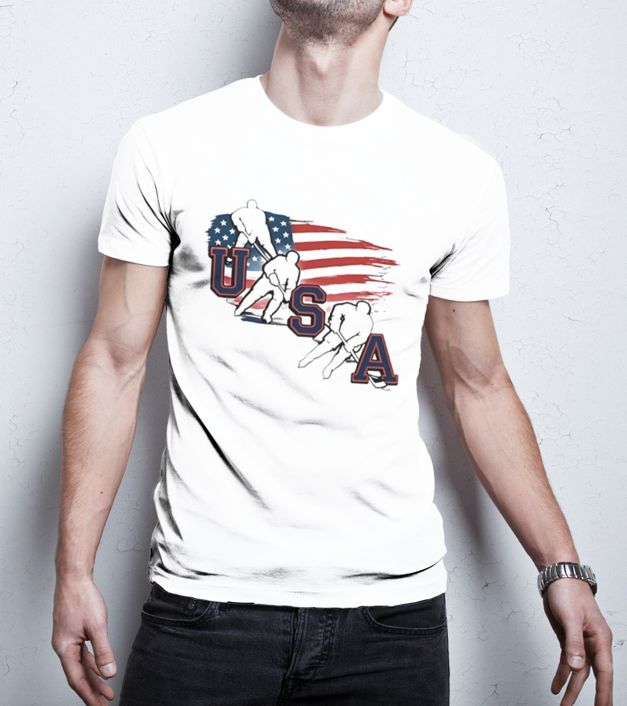 USA Olympic Gold Medal Hockey American Flag Hockey Players T-Shirt
