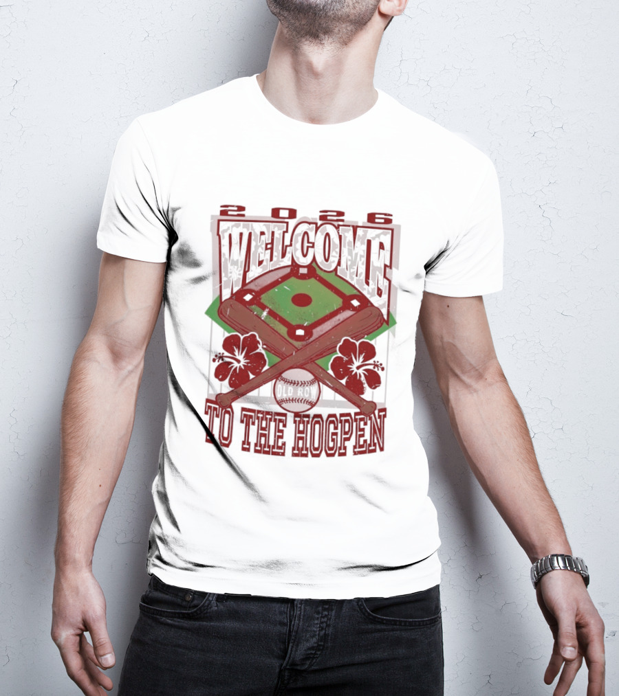 Arkansas Razorback Welcome To The Hogpen Baseball Field Floral Crossed Bats T-Shirt