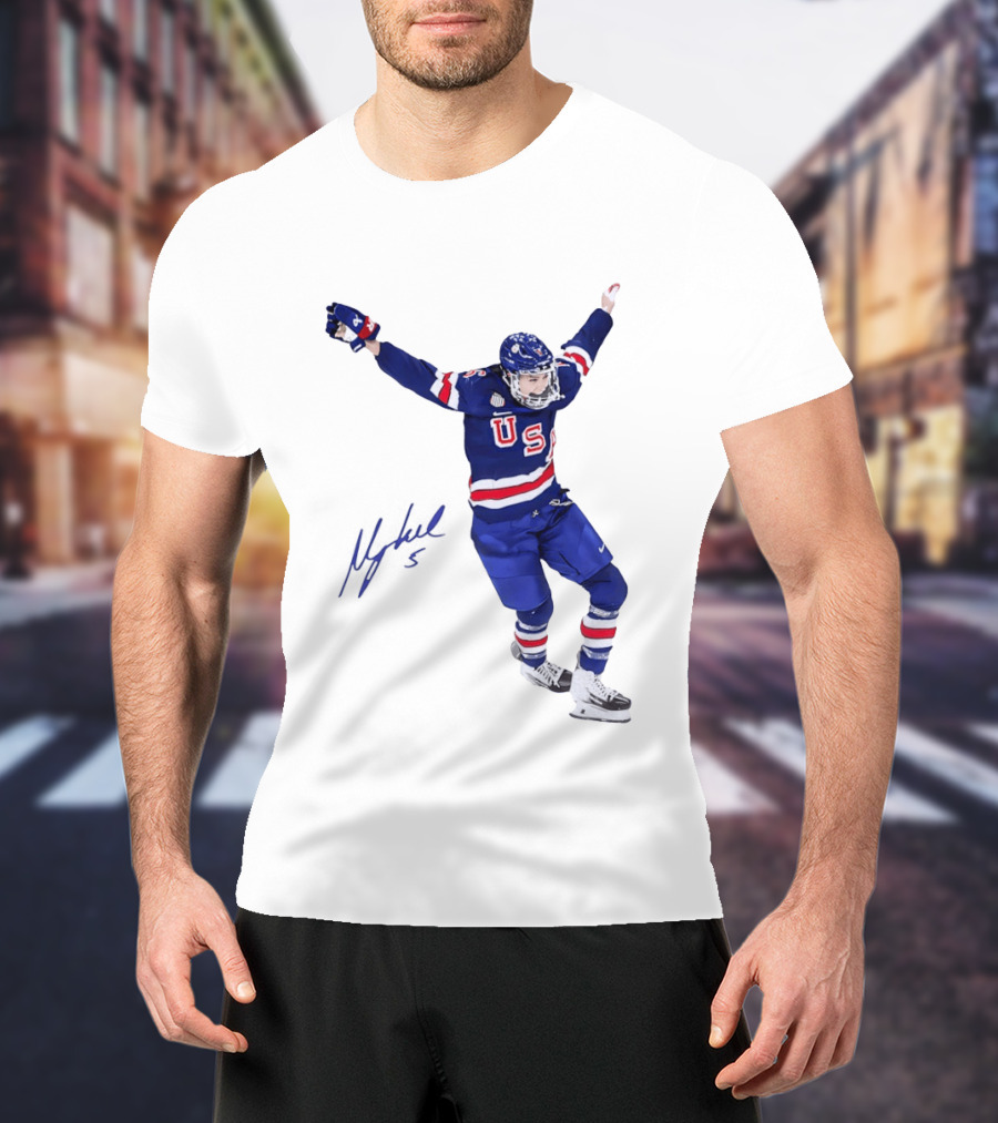 USA Team Hockey Megan Keller Blue Uniform Celebration T-Shirt
