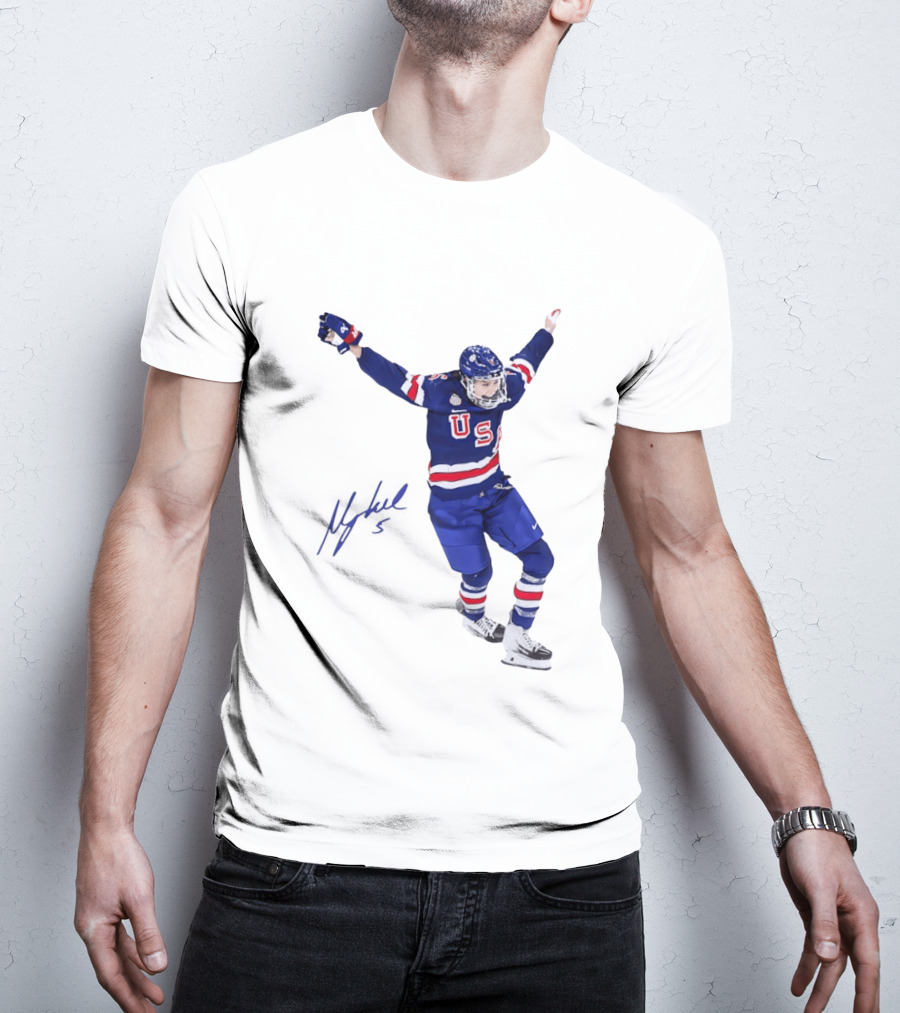 USA Team Hockey Megan Keller Blue Uniform Celebration T-Shirt