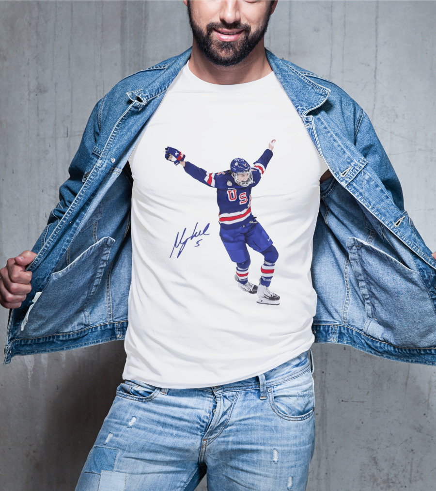 USA Team Hockey Megan Keller Blue Uniform Celebration T-Shirt