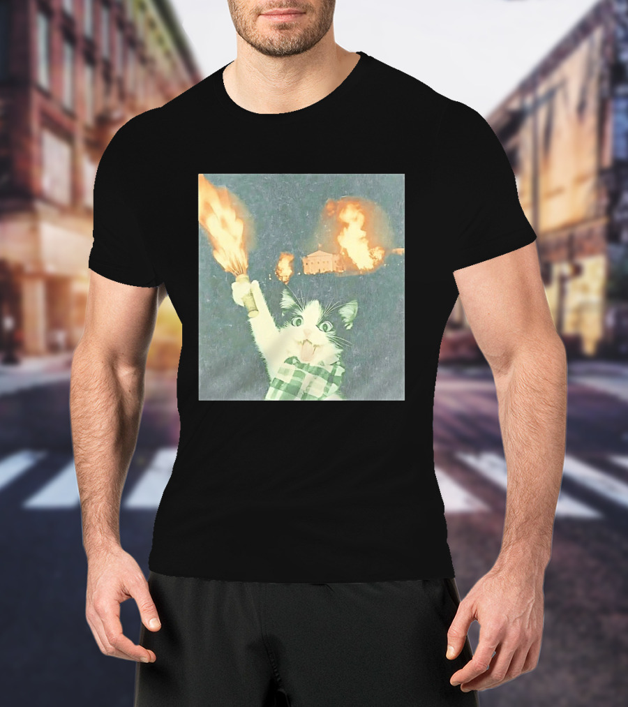 Rebellious Cat Riot Scene With Flaming T-Shirt