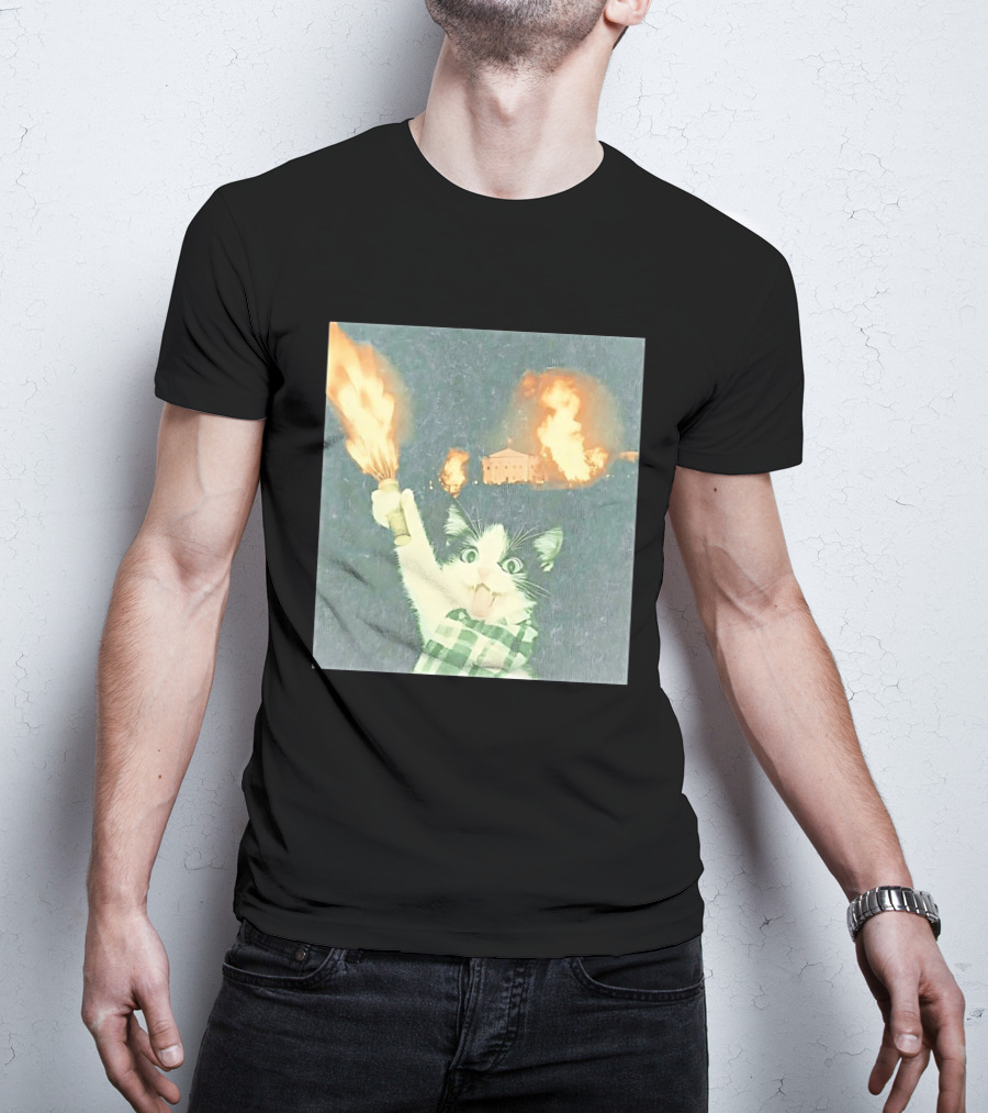 Rebellious Cat Riot Scene With Flaming T-Shirt