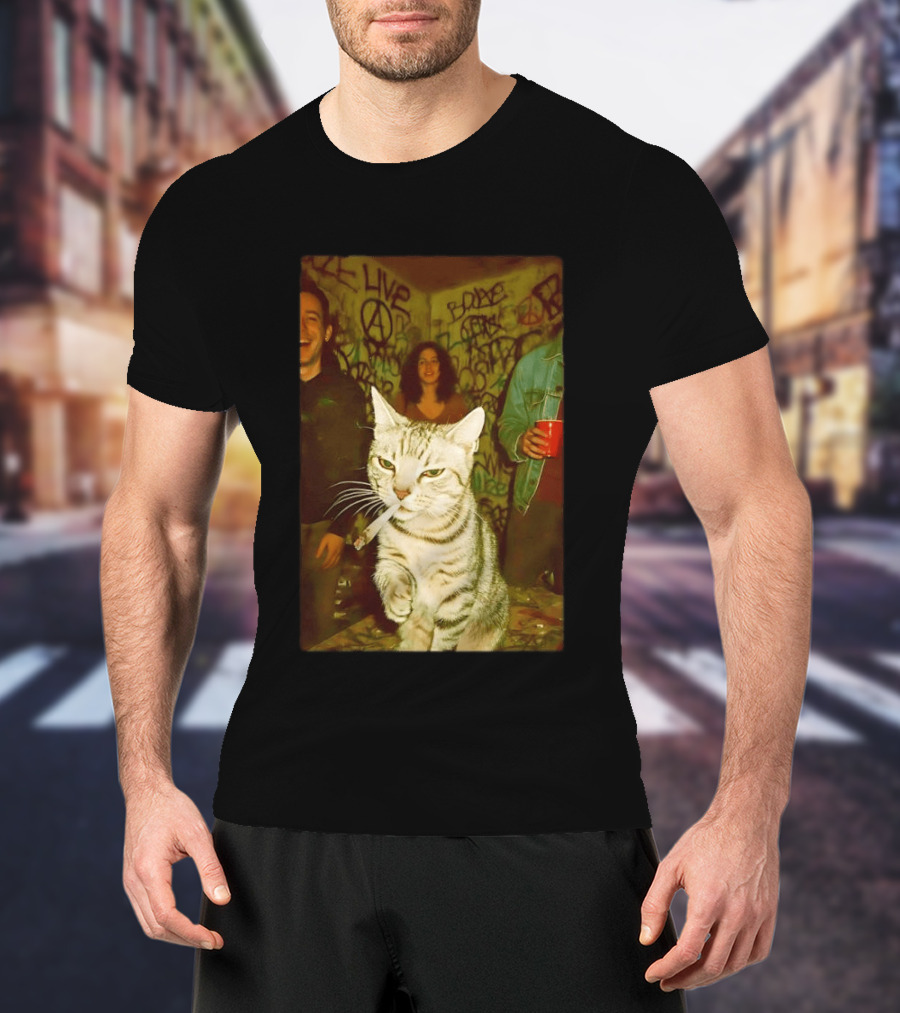 Smoking Tabby Cat Live Punk Party Scene T-Shirt