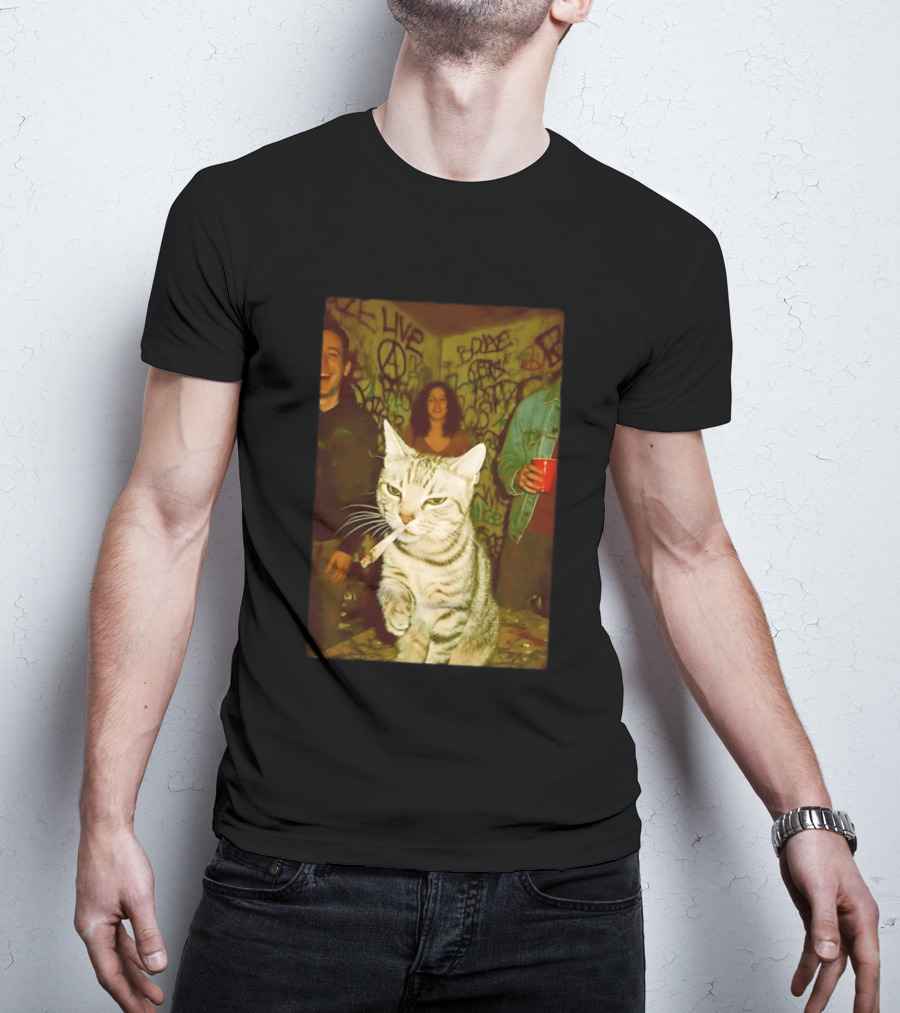 Smoking Tabby Cat Live Punk Party Scene T-Shirt