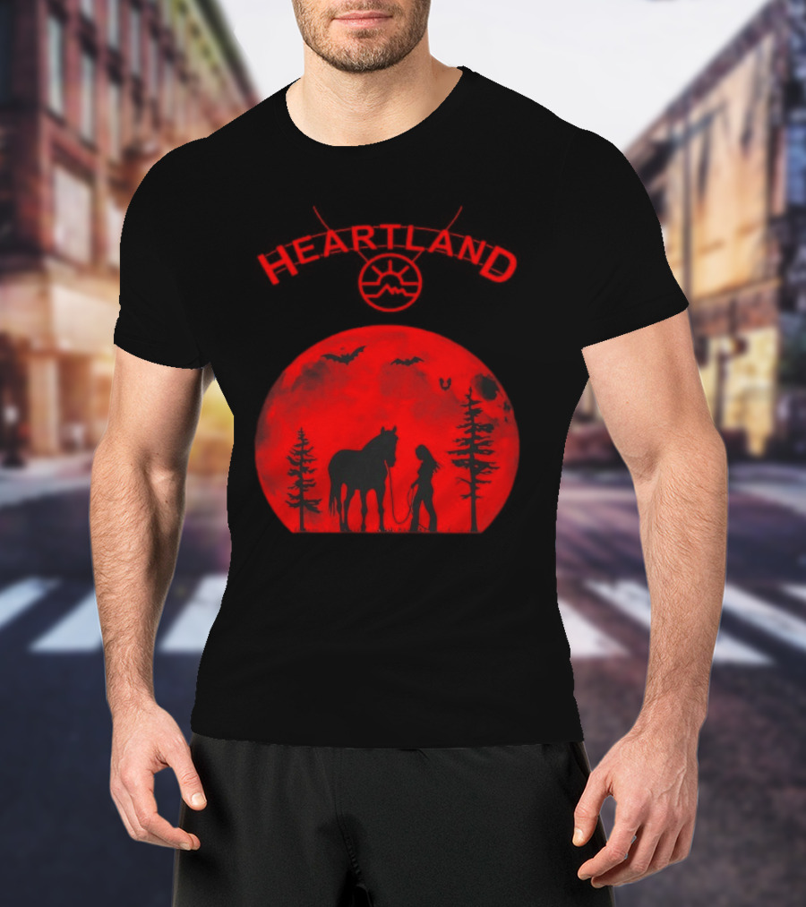 Heartland Ranch Red Moon Horse And Human Silhouette With Trees And Bats T-Shirt