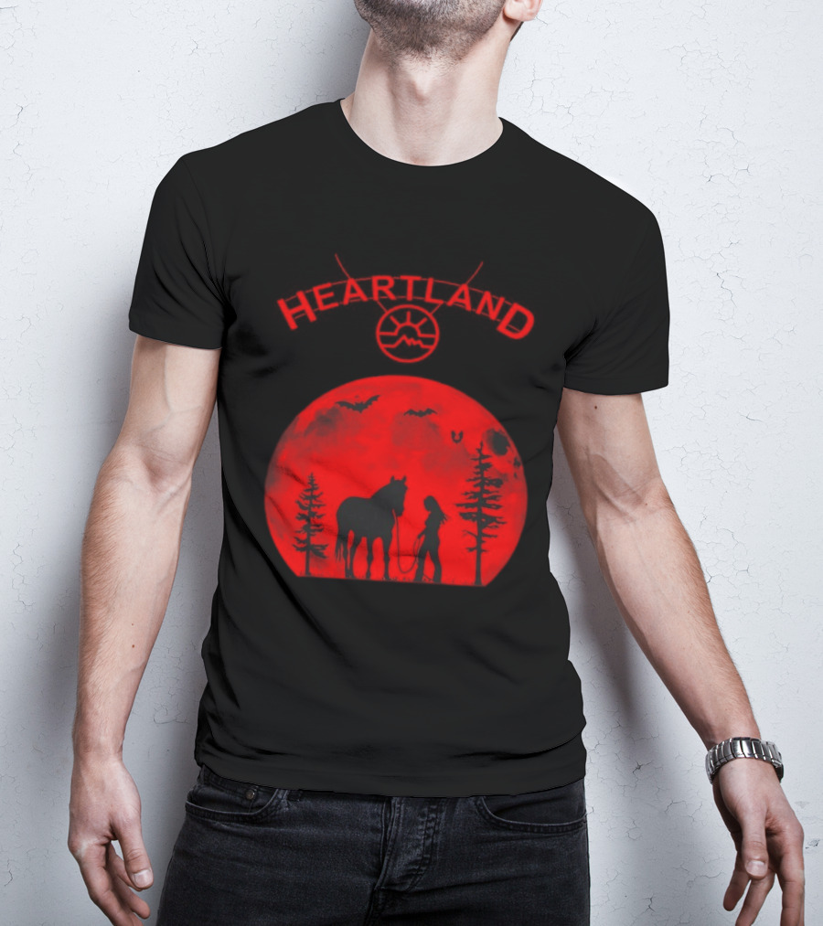 Heartland Ranch Red Moon Horse And Human Silhouette With Trees And Bats T-Shirt