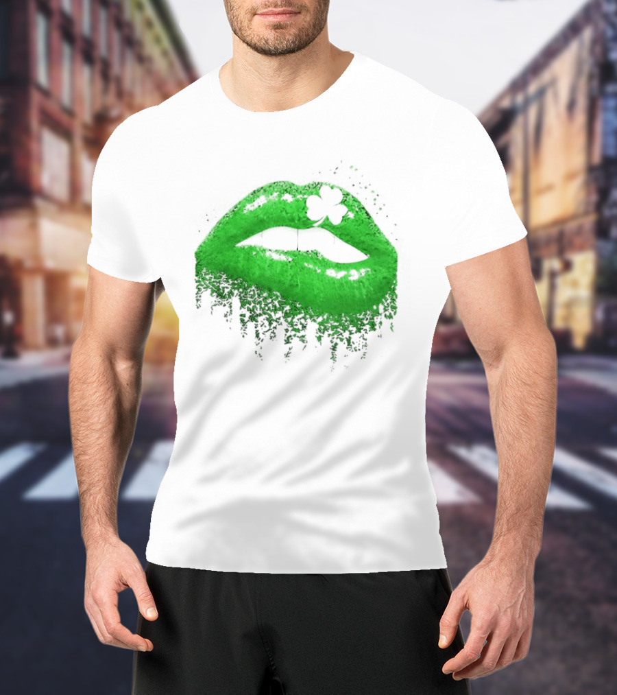 St Patrick's Day Green Lips Shamrock Shape T-Shirt