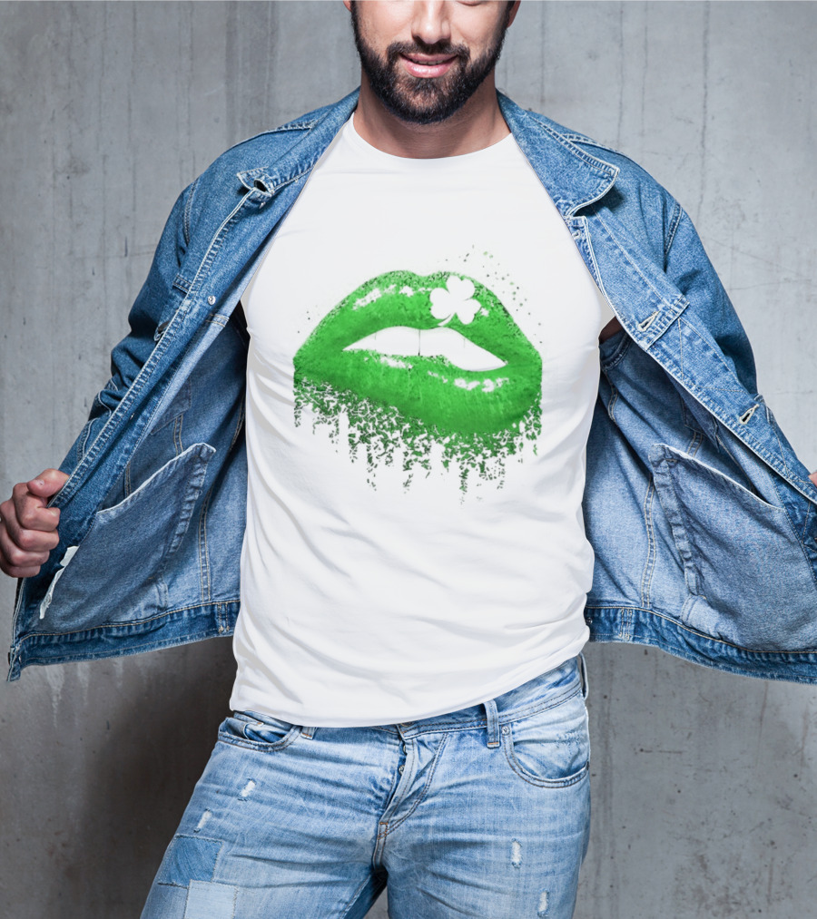 St Patrick's Day Green Lips Shamrock Shape T-Shirt
