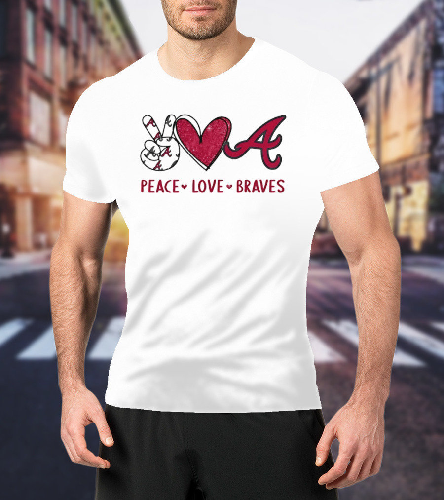 Atlanta Braves Peace Love Hand Sign Heart Shape T-Shirt