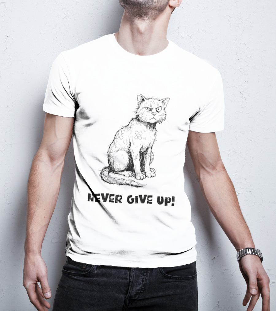 Cat Never Give Up Resilient Sketch Cat T-Shirt