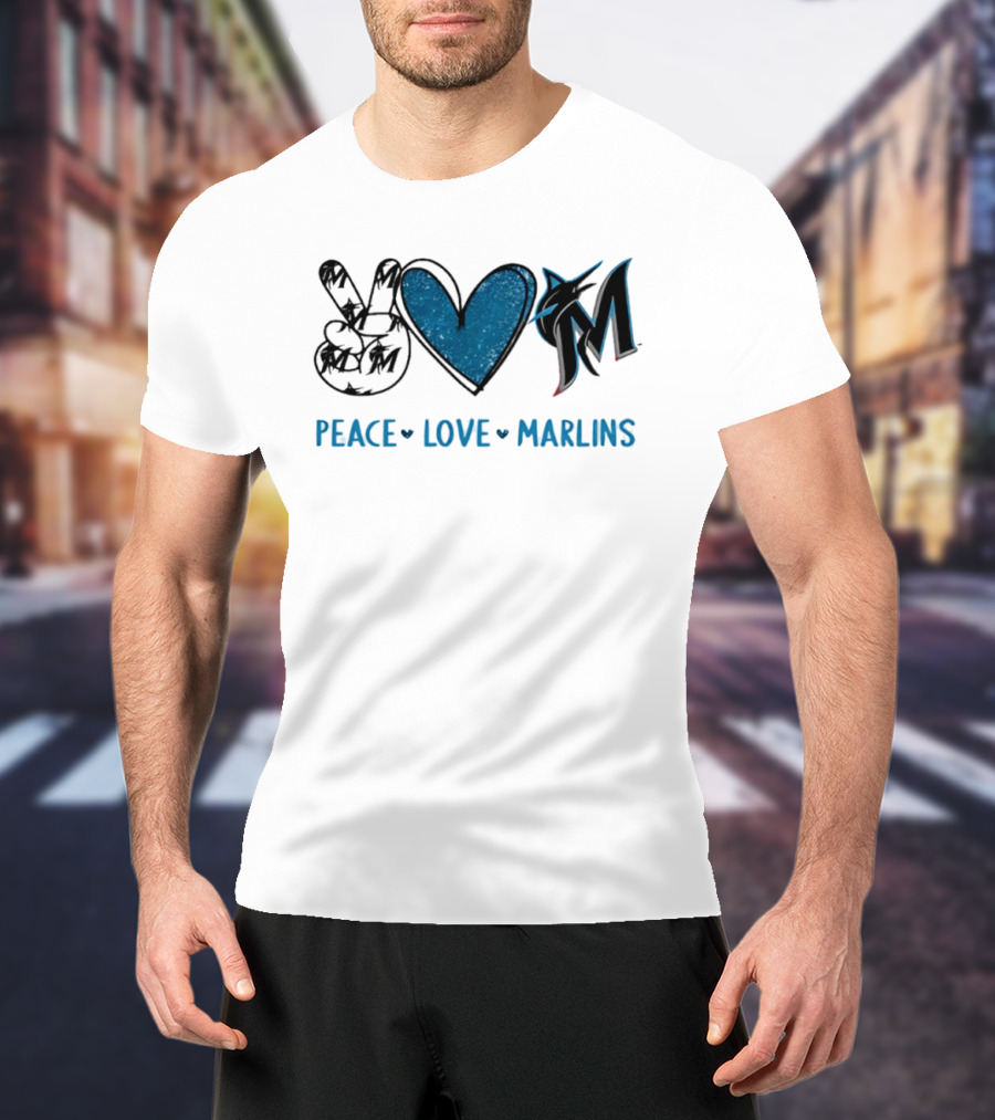 Peace Love Miami Marlins Hand Sign Heart Shape T-Shirt