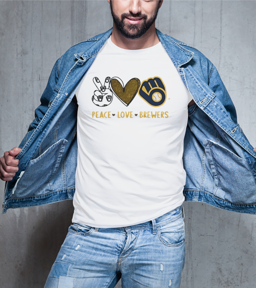 Milwaukee Brewers Peace Love Hand Sign Heart Shape T-Shirt
