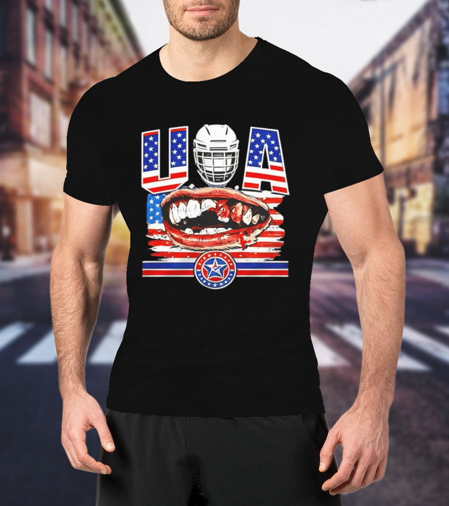 USA Hockey Helmet Bloody Teeth Mouth Stars Stripes Flag T-Shirt