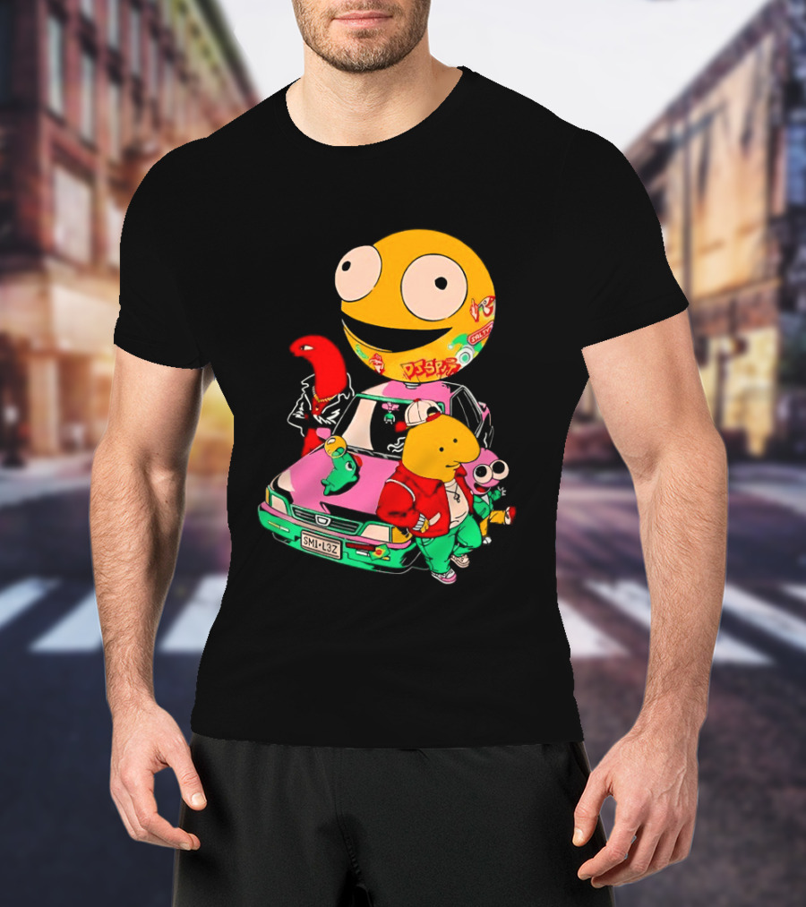 Pac Man Inspired Japanese Characters And Vintage Car Adventure T-Shirt