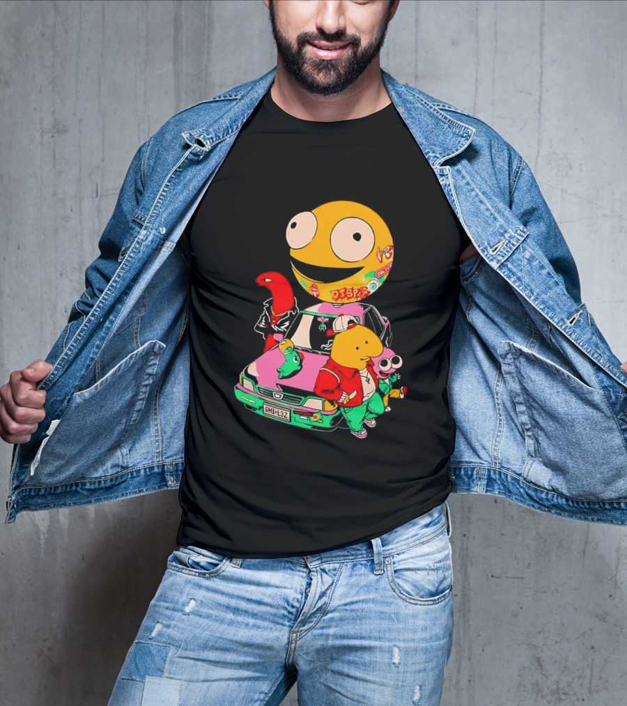 Pac Man Inspired Japanese Characters And Vintage Car Adventure T-Shirt