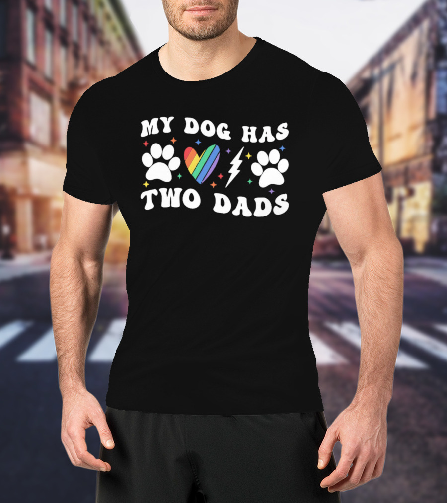 My Dog Has Two Dads Rainbow Heart Paw Prints LGBT Pride T-Shirt