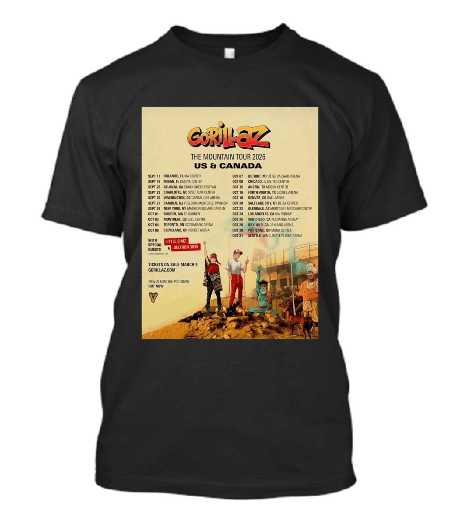 Gorillaz The Mountain Tour 2026 US Canada Dates Little Simz Deltron 3030 T-Shirt