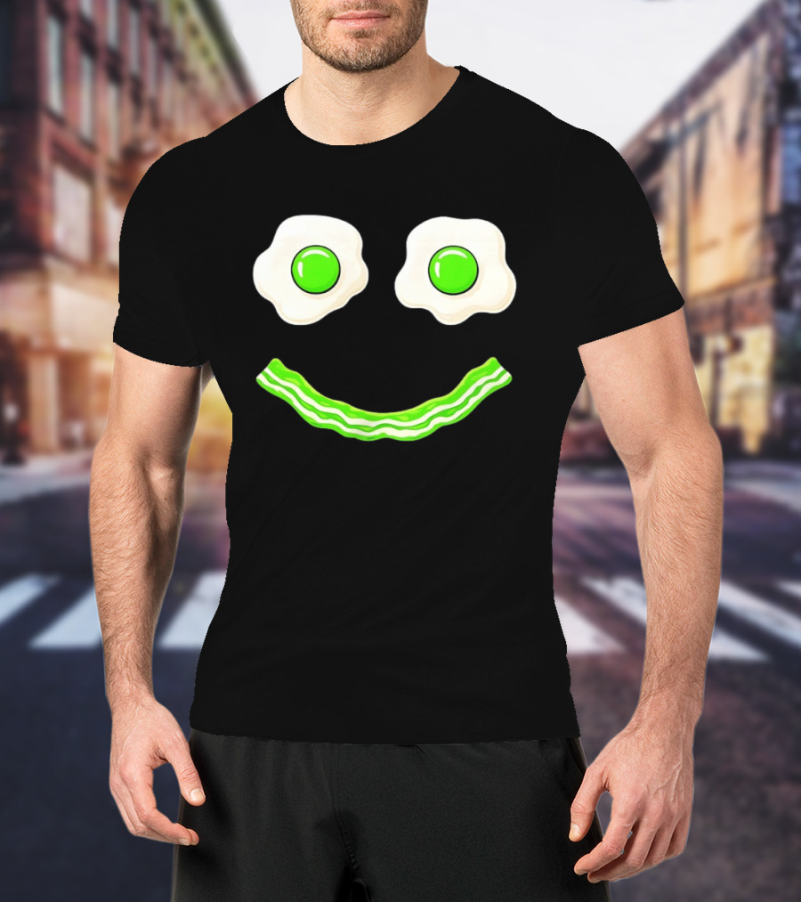 Green Smile Face Eggs And Bacon Ham Breakfast Fun Food Expression T-Shirt