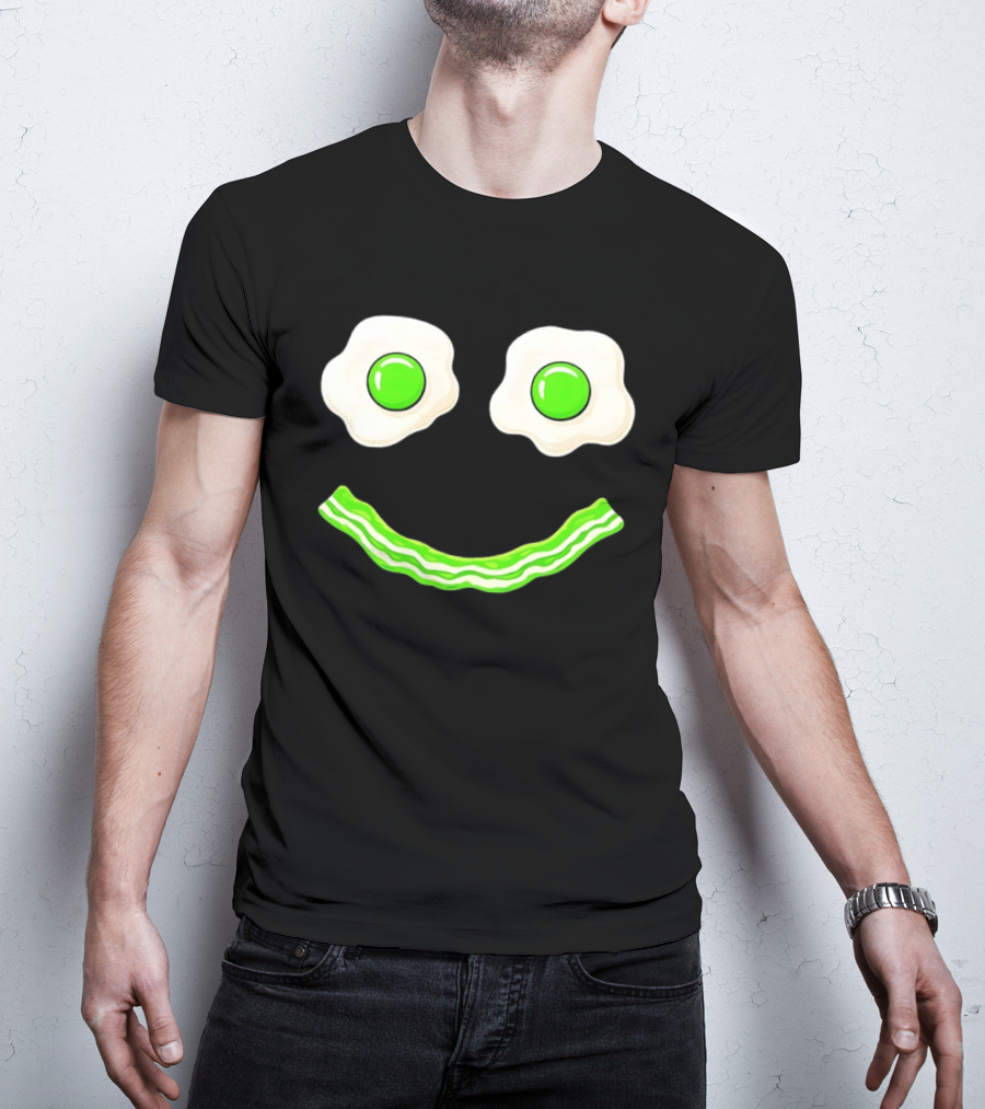 Green Smile Face Eggs And Bacon Ham Breakfast Fun Food Expression T-Shirt