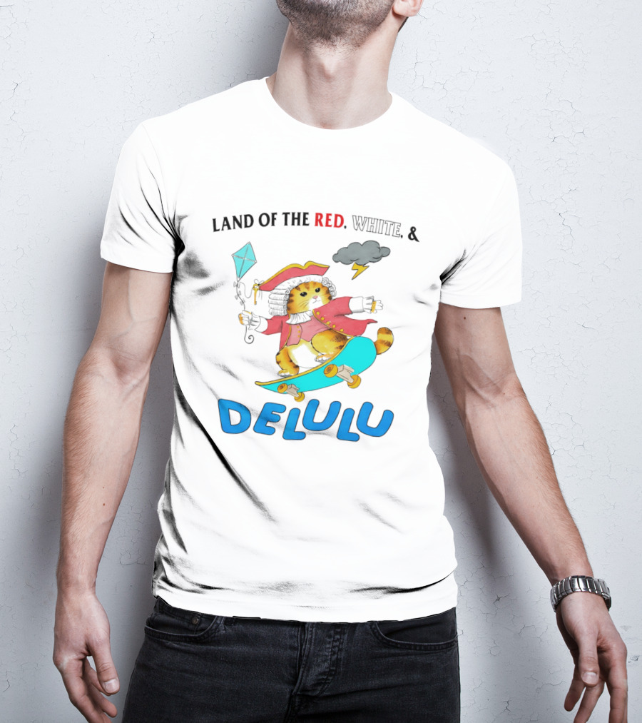 Land Of The Red White And Delulu Cat Pirate Skateboard Kite T-Shirt