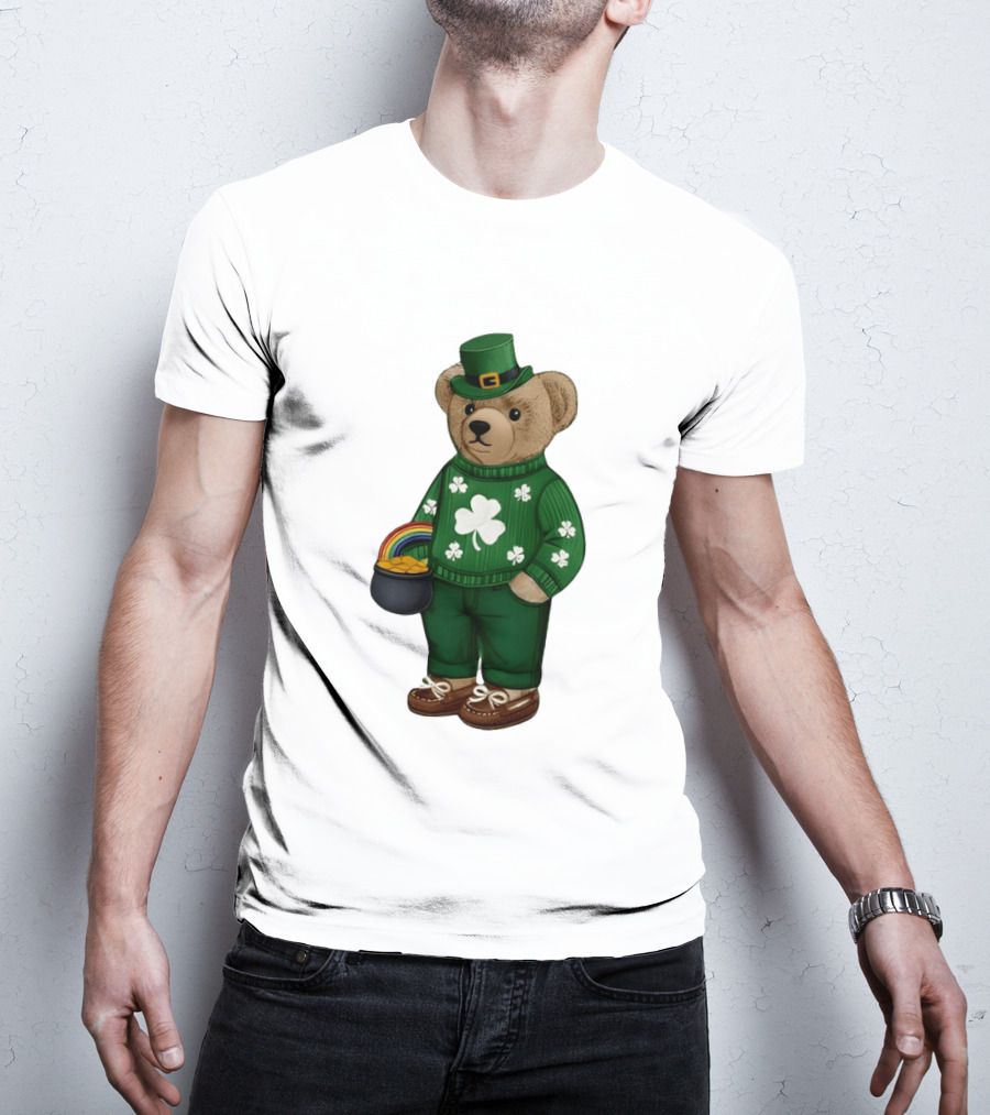 Lucky Teddy Bear Irish St Patricks Day Clover Rainbow Pot Of Gold T-Shirt