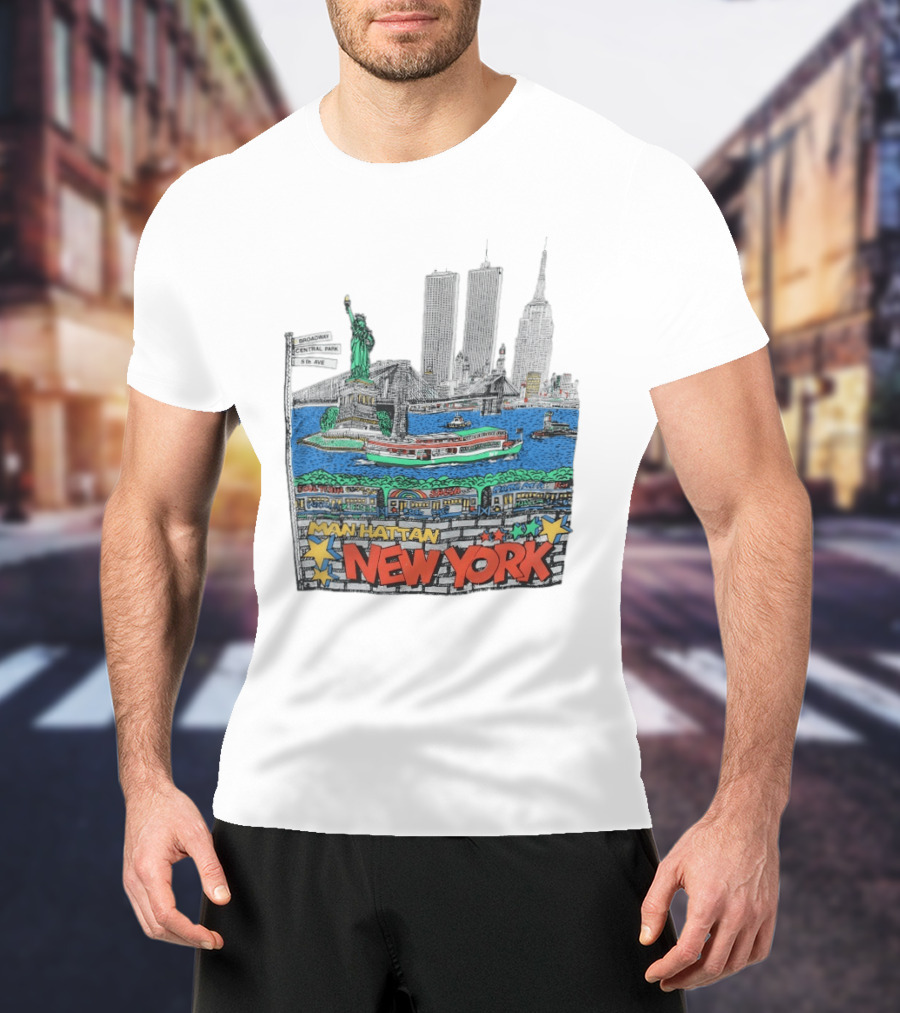 Statue Of Liberty Brooklyn Bridge Broadway Central Park 5th Ave Manhattan New York Skyline T-Shirt