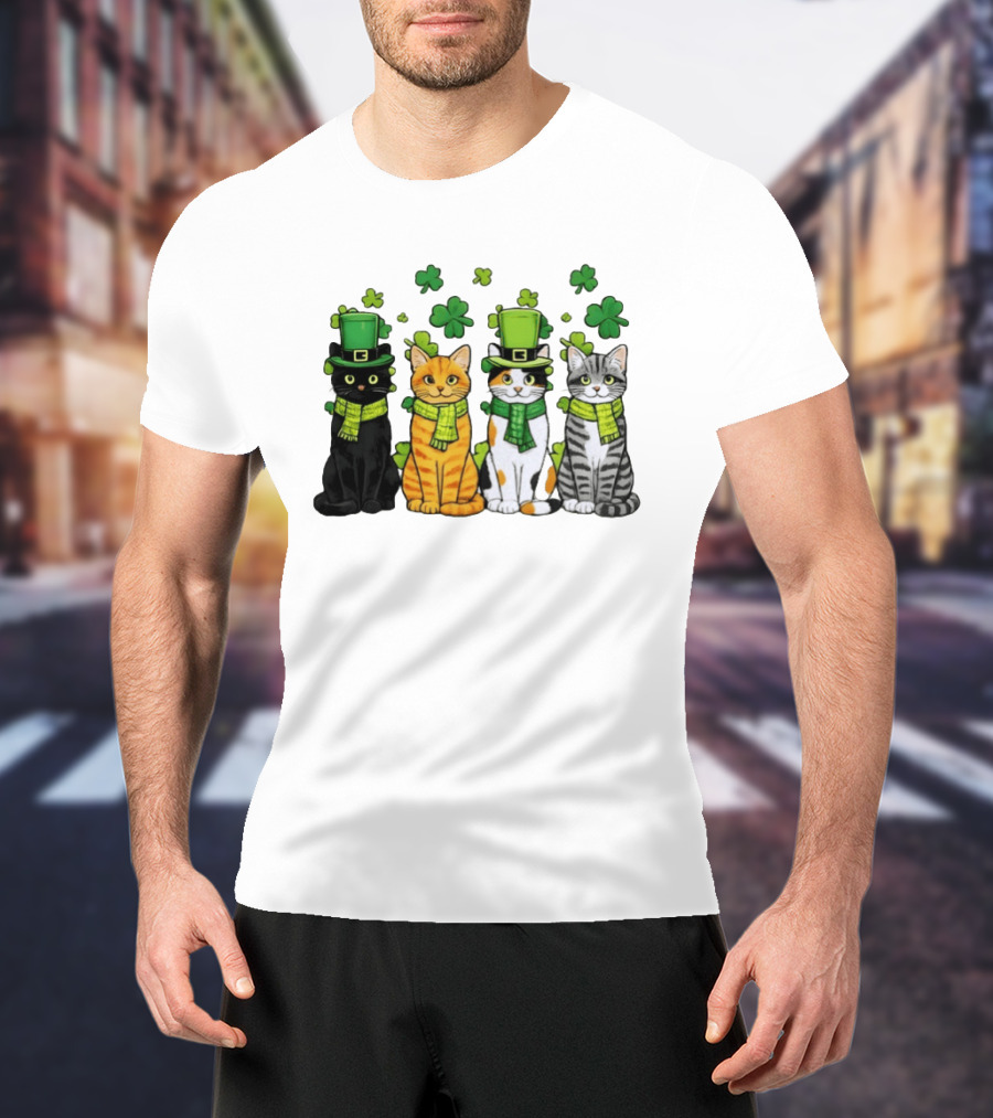St Catrick's Day Black Cat Orange Tabby Cat Calico Cat And Gray Tabby Cat With Shamrocks And Green St Patrick's Hats T-Shirt