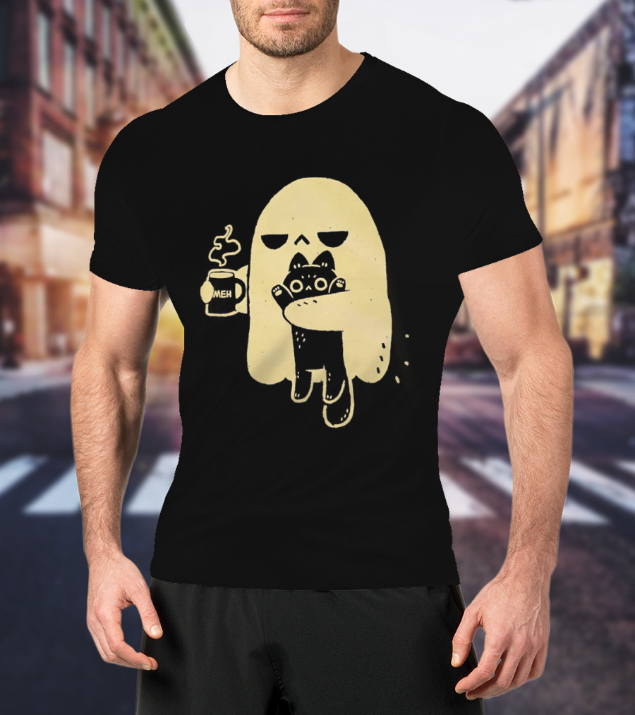 Ghost With Cat And Coffee Cup T-Shirt